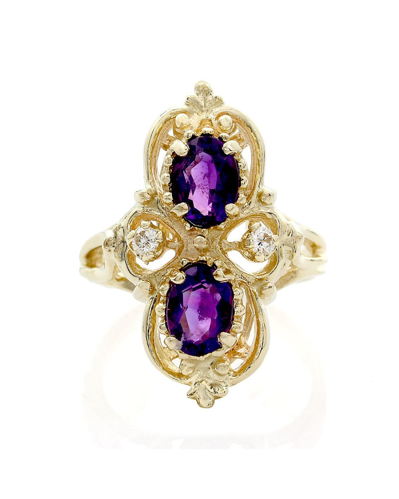 Oval Amethyst and Diamond Elongated Ring