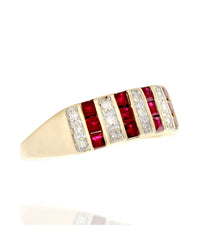 Eleven Row Alternating Ruby and Diamond Tapered Ring in Yellow Gold