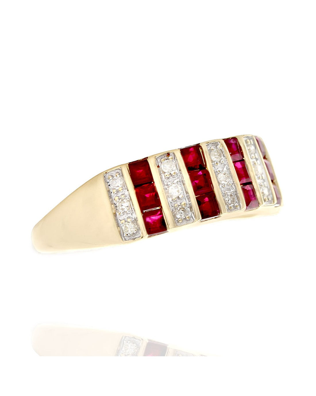 Eleven Row Alternating Ruby and Diamond Tapered Ring in Yellow Gold