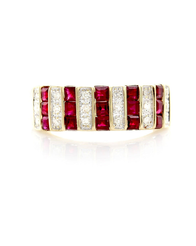 Eleven Row Alternating Ruby and Diamond Tapered Ring in Yellow Gold