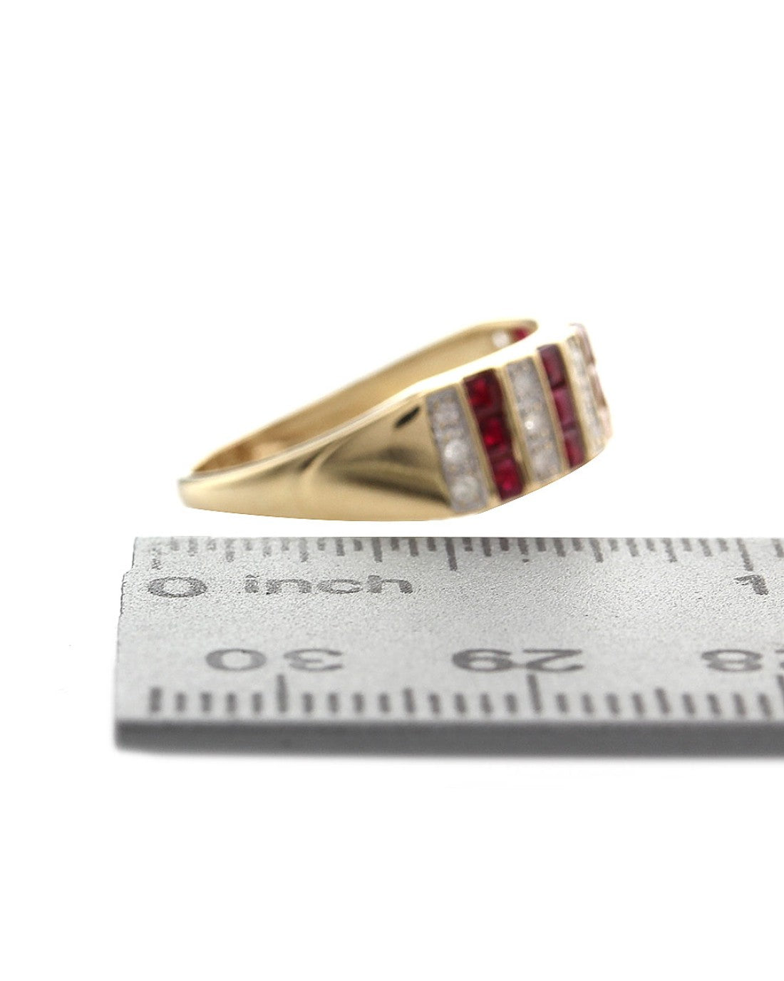 Eleven Row Alternating Ruby and Diamond Tapered Ring in Yellow Gold