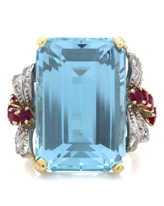 Vintage Aquamarine, Ruby and Diamond Ring