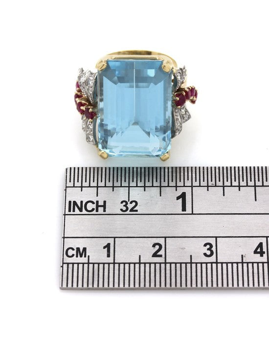 Vintage Aquamarine, Ruby and Diamond Ring