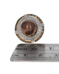 Bronze 10.7mm Pearl Double Halo Ring w/ Topaz & Diamonds 14KY Gold