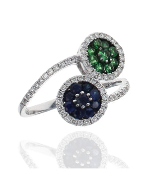 Synthetic Sapphire, Tsavorite and Diamond Halo Bypass Ring