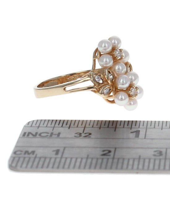 Pink Pearl and Diamond Flower Cluster Ring