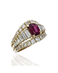 Ruby and Diamond 3 Row Ring in Yellow Gold