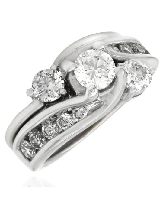 3 Stone Diamond Bypass Wedding Set in White Gold
