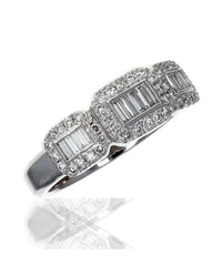 Three Station Square Halo Diamond Ring in White Gold