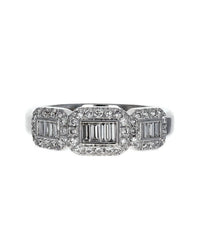 Three Station Square Halo Diamond Ring in White Gold
