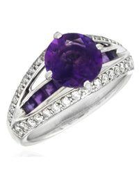 Amethyst and Diamond Split Shank Ring in White Gold