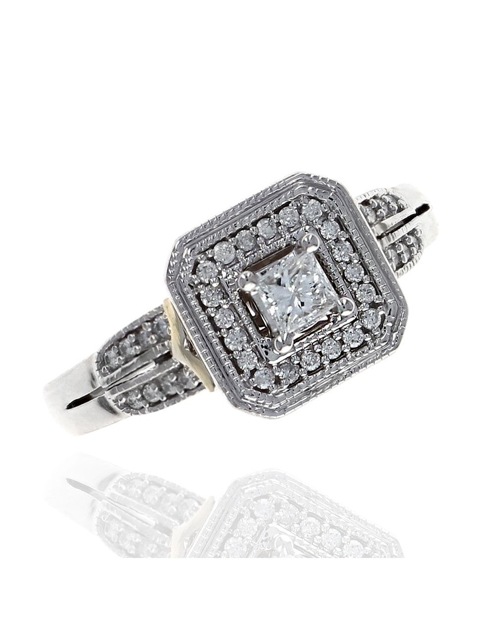 Princess Cut Diamond Square Halo Milgrain Ring in White and Yellow Gold