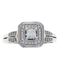 Princess Cut Diamond Square Halo Milgrain Ring in White and Yellow Gold