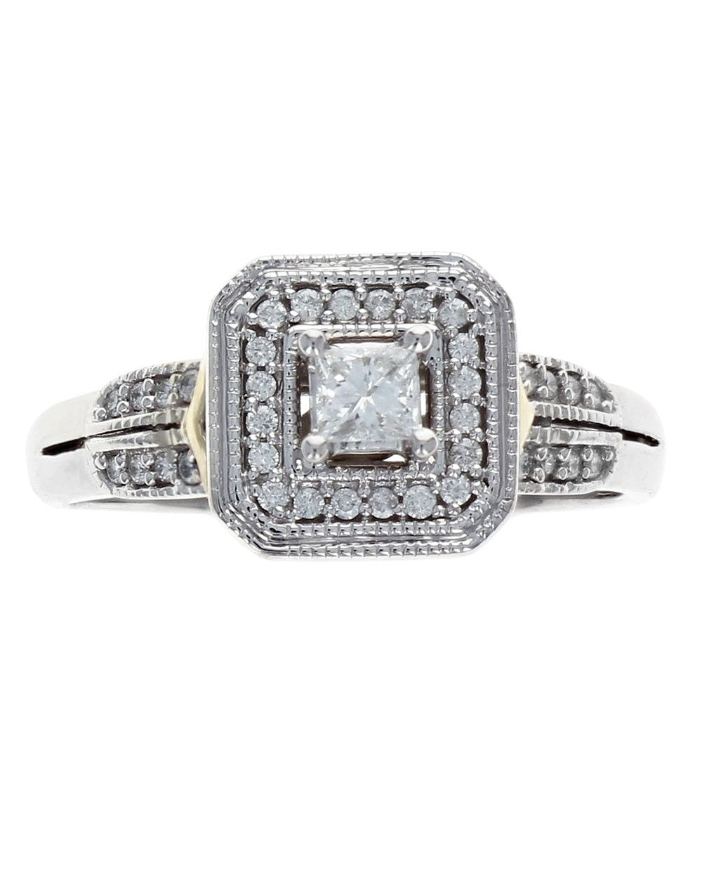 Princess Cut Diamond Square Halo Milgrain Ring in White and Yellow Gold