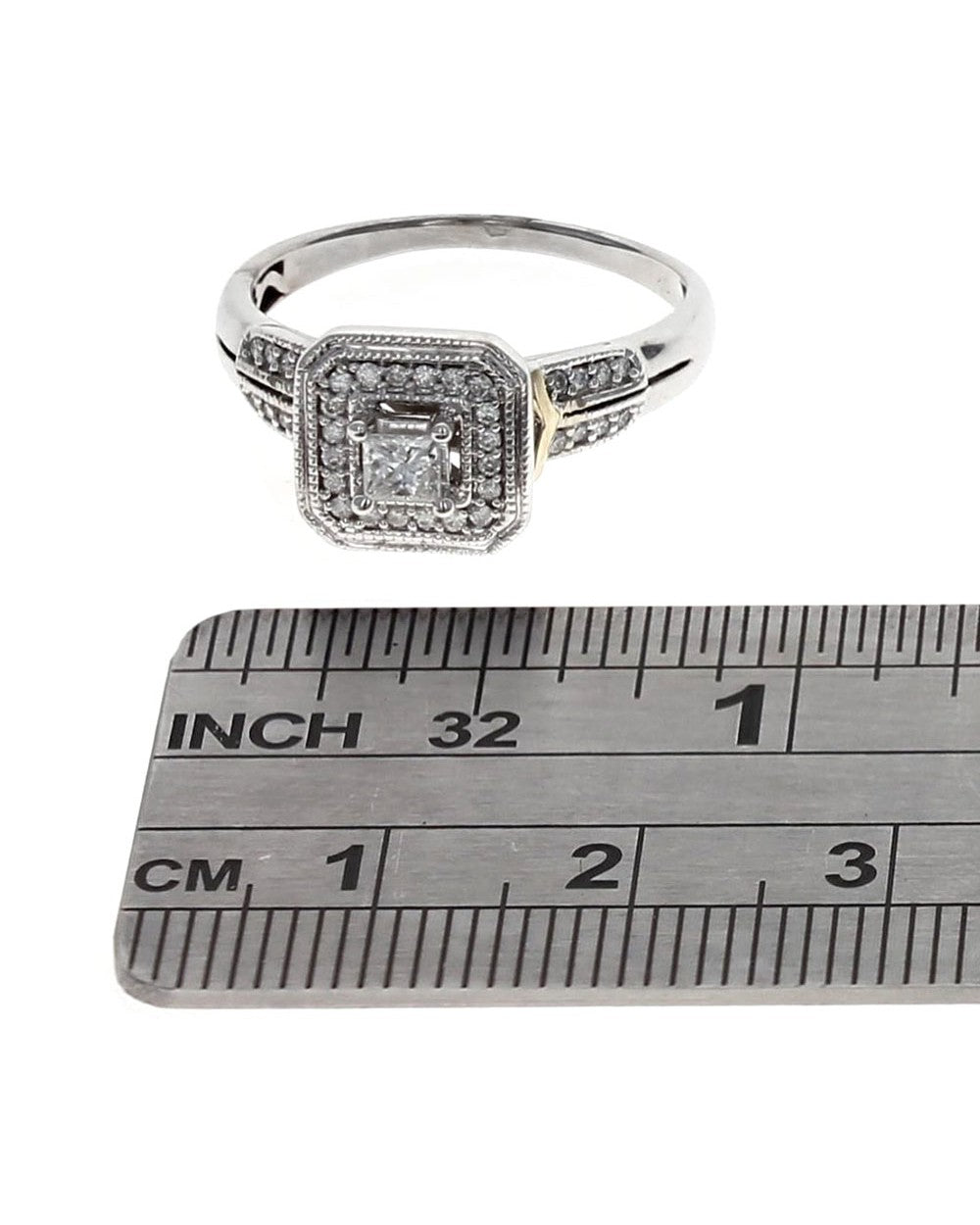 Princess Cut Diamond Square Halo Milgrain Ring in White and Yellow Gold