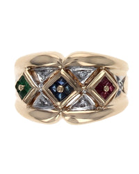 Ruby, Sapphire, Emerald, and Diamond Ring in White and Yellow Gold