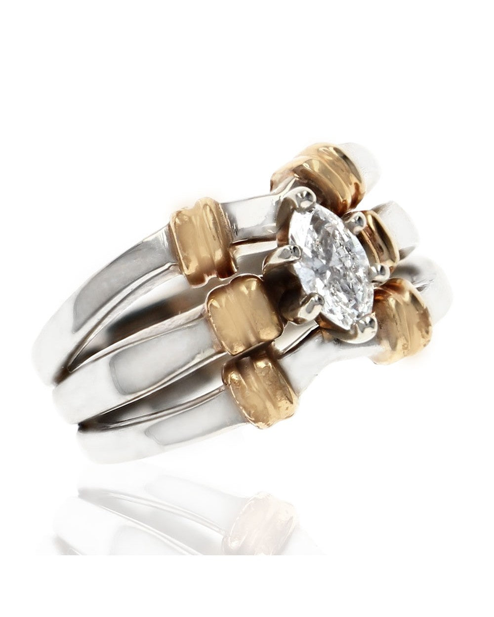 Marquise Diamond 3 Row Split Shank Fluted Accent Ring in White and Yellow Gold
