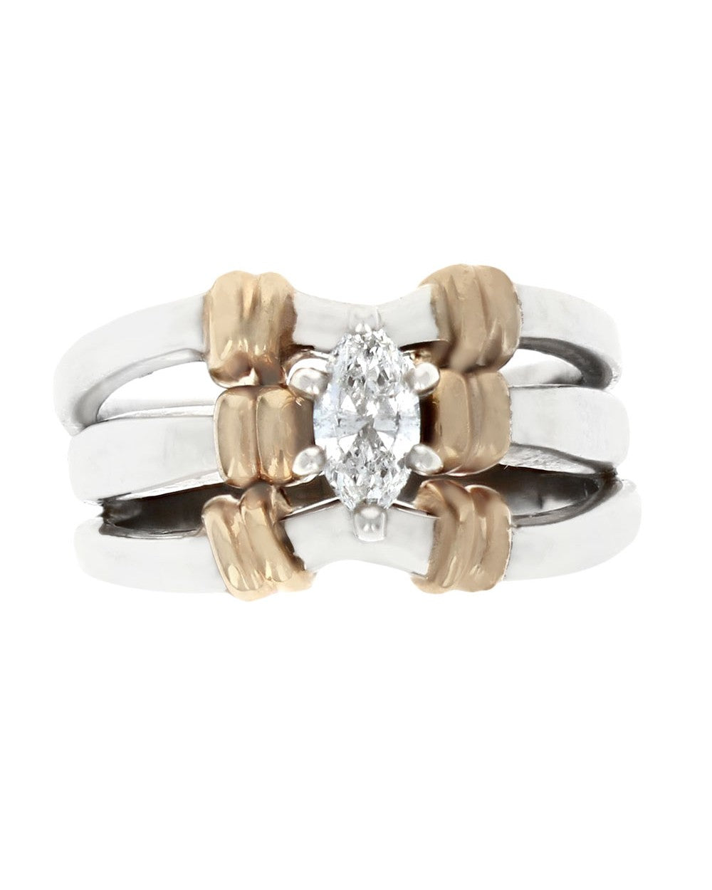 Marquise Diamond 3 Row Split Shank Fluted Accent Ring in White and Yellow Gold