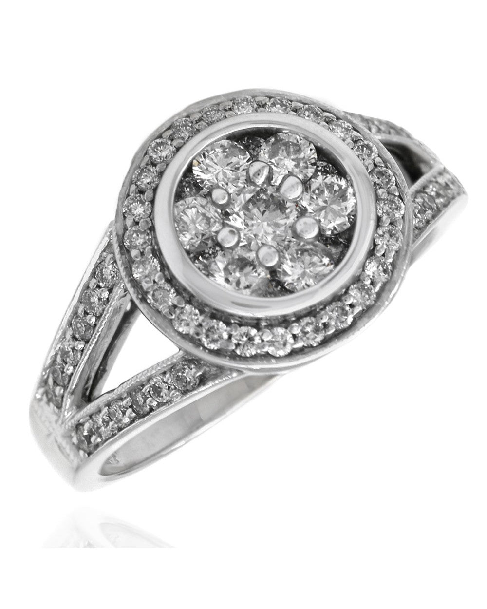 Diamond Cluster Halo Split Shank Ring in White Gold