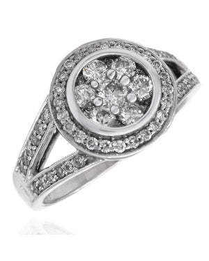 Diamond Cluster Halo Split Shank Ring in White Gold