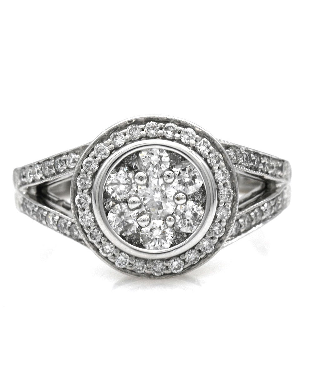 Diamond Cluster Halo Split Shank Ring in White Gold