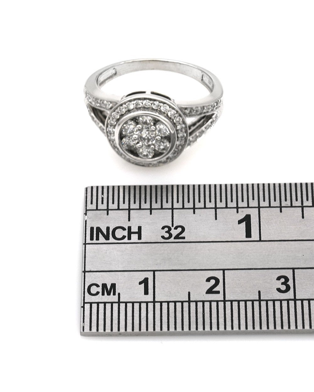 Diamond Cluster Halo Split Shank Ring in White Gold