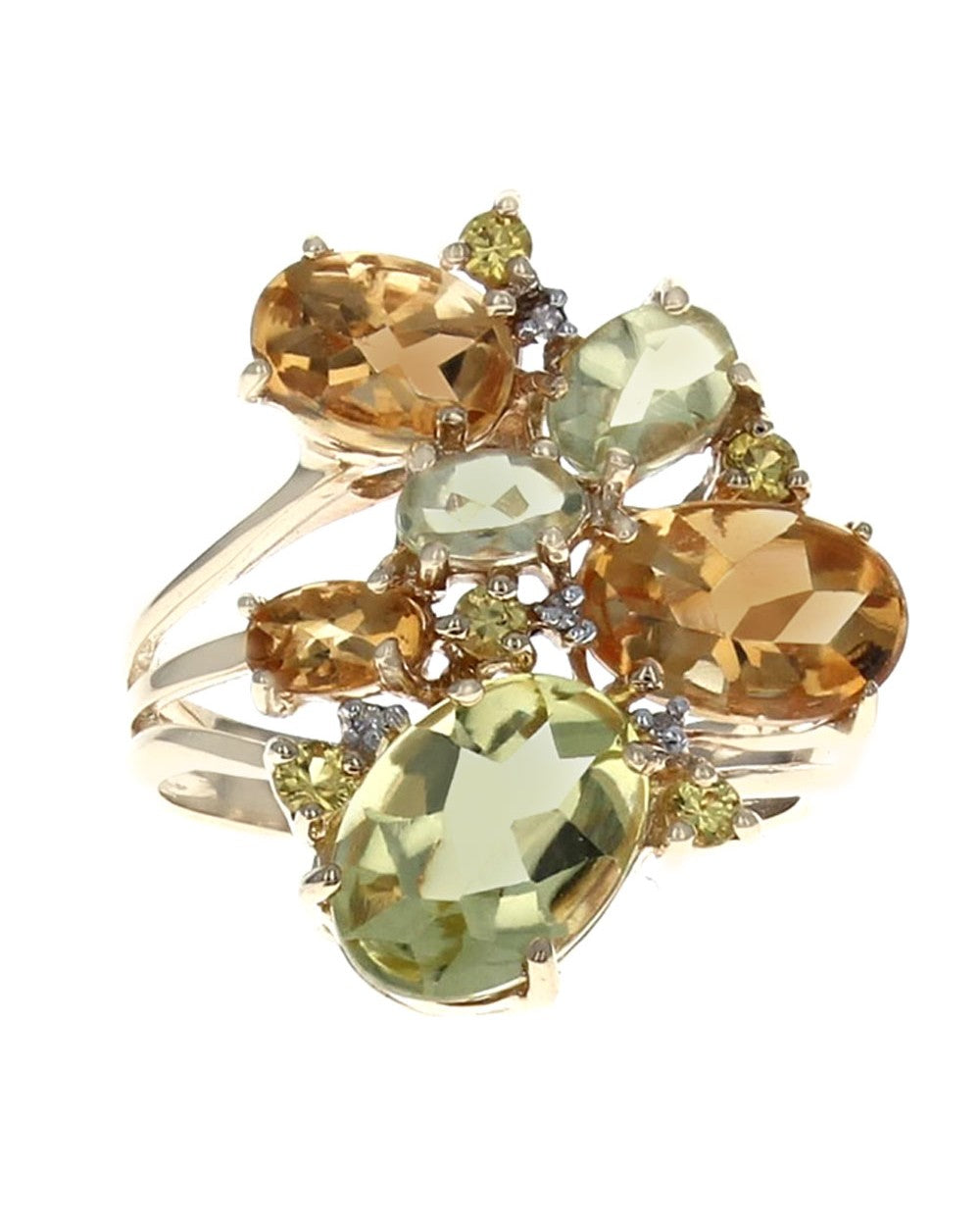 Peridot, Citrine and Diamond Cluster Split Shank Ring