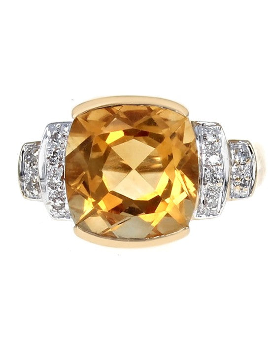Citrine Cushion and Diamond Tapered Ring