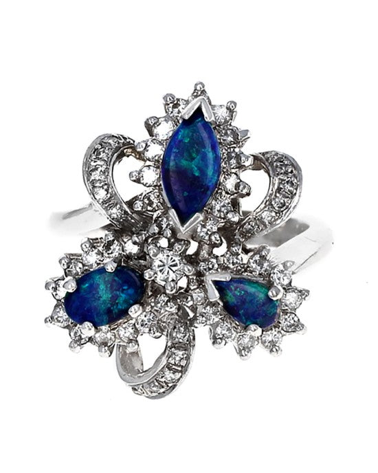 Black Opal and Diamond Halo Ribbon Ring