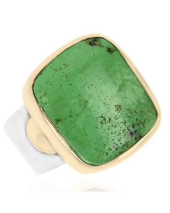 Peruvian Green Opal Cabochon Ring in Silver and Gold
