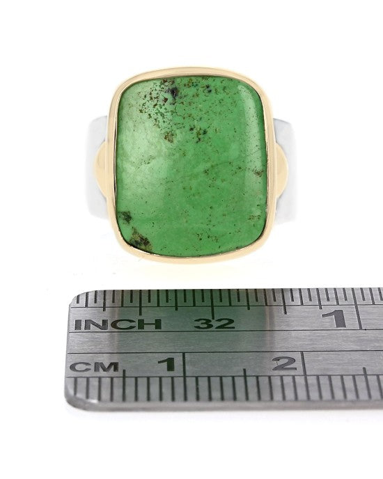 Peruvian Green Opal Cabochon Ring in Silver and Gold