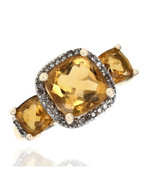 3 Stone Citrine and Diamond Halo Ring in Yellow Gold
