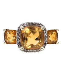 3 Stone Citrine and Diamond Halo Ring in Yellow Gold