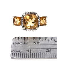 3 Stone Citrine and Diamond Halo Ring in Yellow Gold