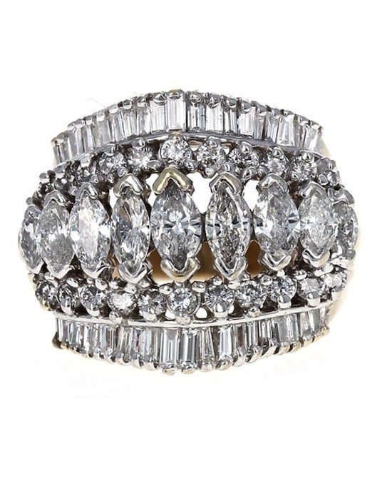 5 Row Marquise, Baguette and Round Diamond Rooftop Ring