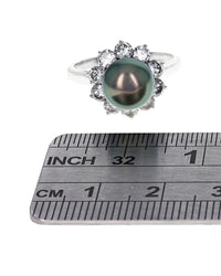 Black Tahitian Pearl and Diamond Halo Ring