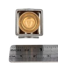 Square Modernist Ring with Bowl Center in Silver and Gold