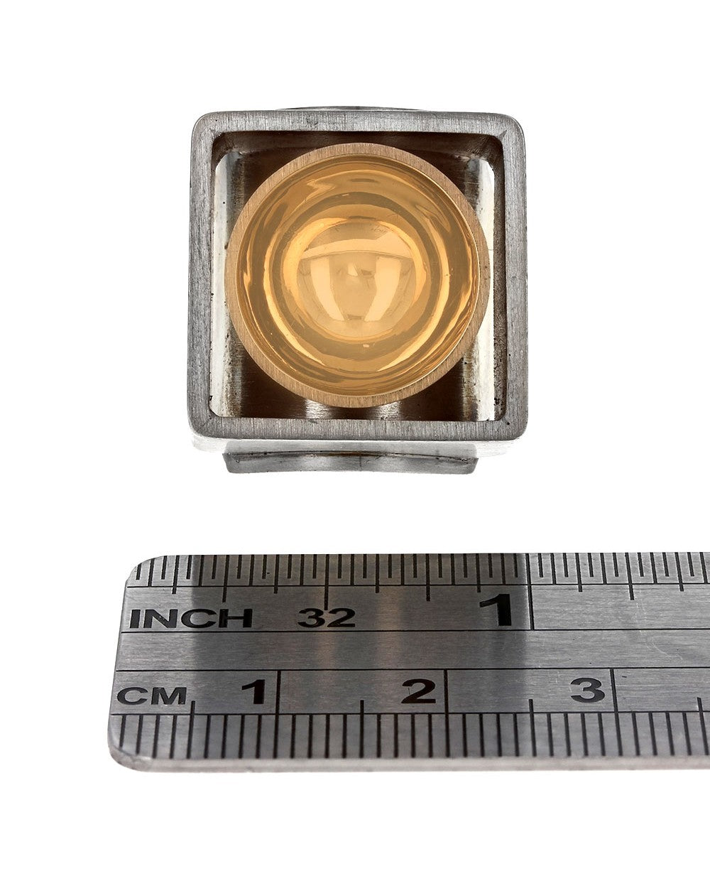 Square Modernist Ring with Bowl Center in Silver and Gold