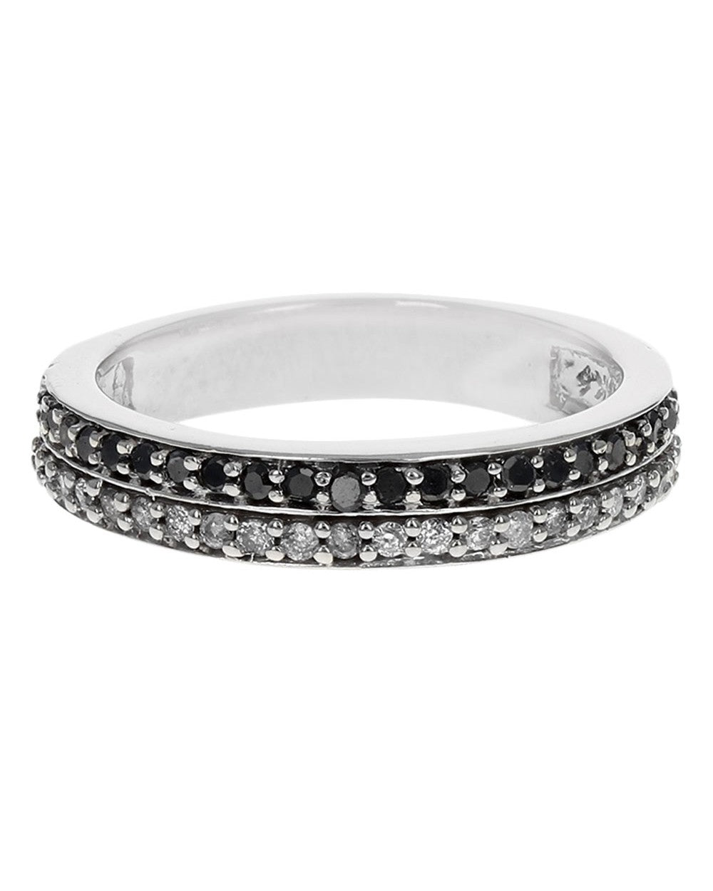 2 Row Black and White Diamond Ring in White Gold