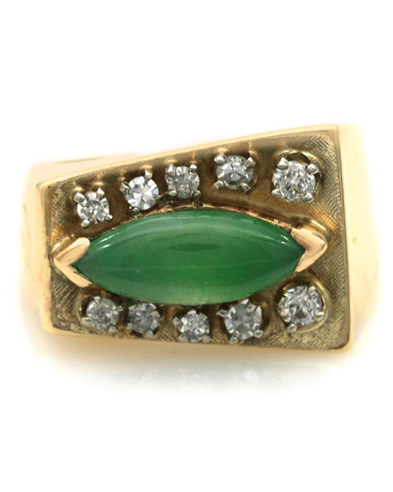 Green Jadeite and Diamond Geometric Fashion Ring in Yellow Gold