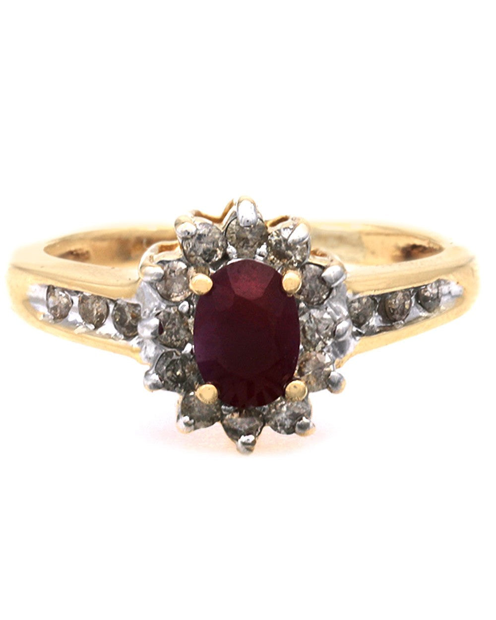Ruby and Diamond Halo Ring in White and Yellow Gold