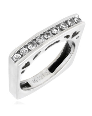 Single Row White Sapphire Cutout Square Shank Stackable Ring in White Gold