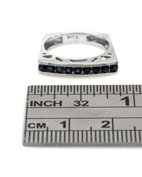 Single Row Blue Sapphire Cutout Square Shank Stackable Ring in White Gold