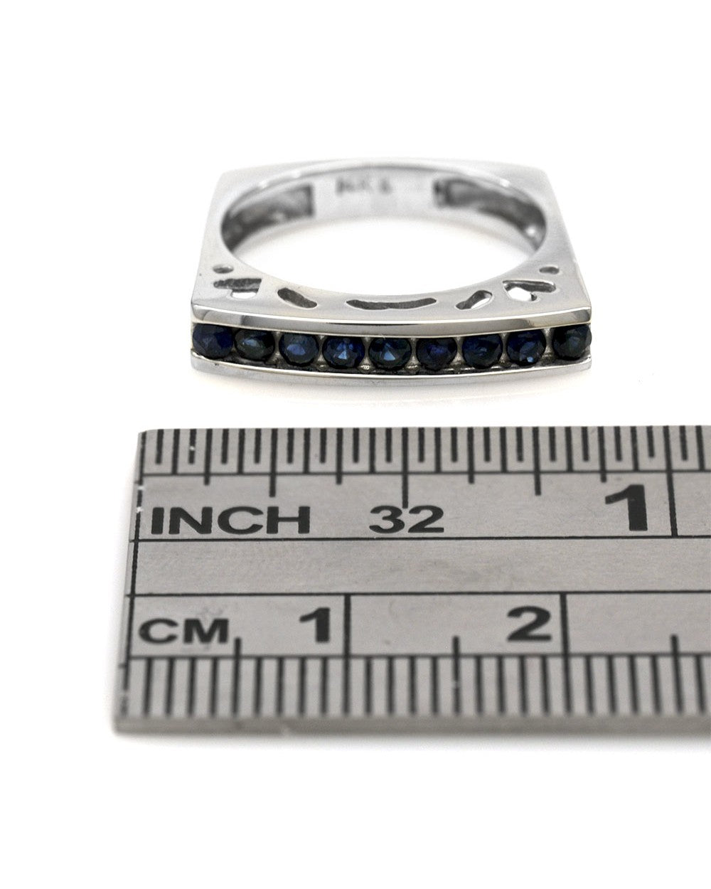 Single Row Blue Sapphire Cutout Square Shank Stackable Ring in White Gold