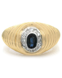 Blue Sapphire and Diamond Ribbed Ring in Yellow Gold