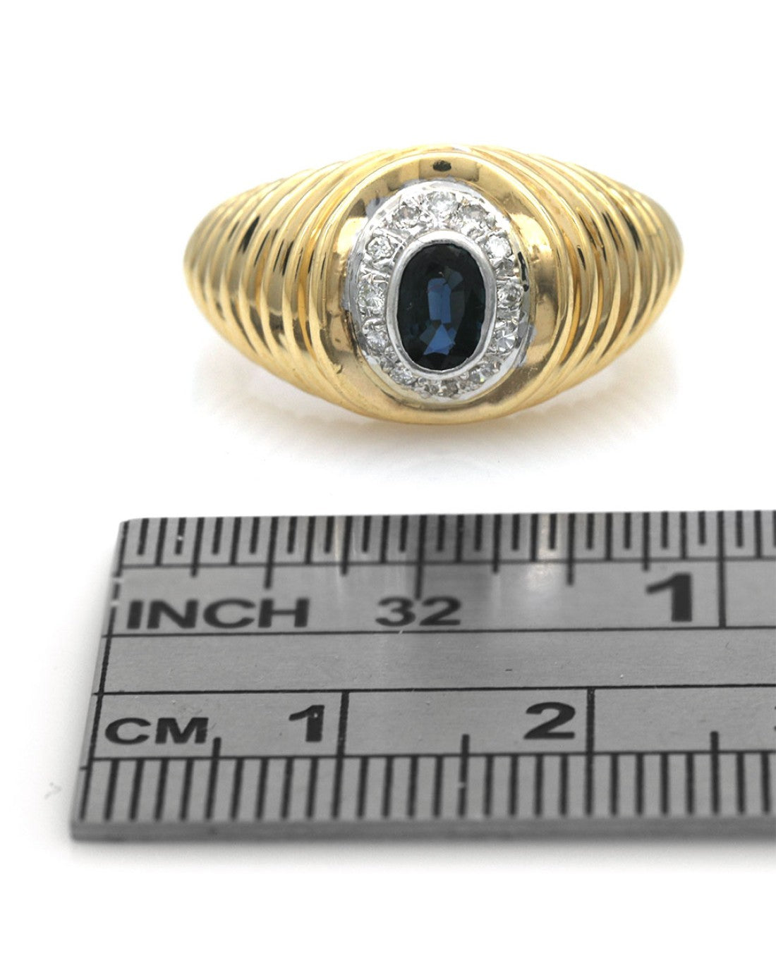 Blue Sapphire and Diamond Ribbed Ring in Yellow Gold