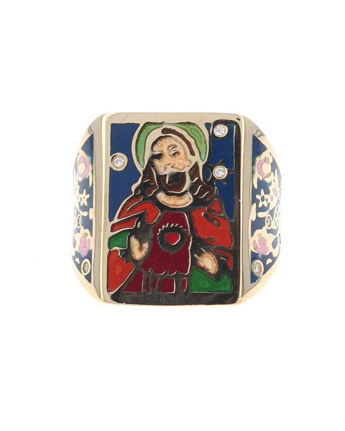 Diamond Jesus Christ Enamel Ring in Yellow Gold