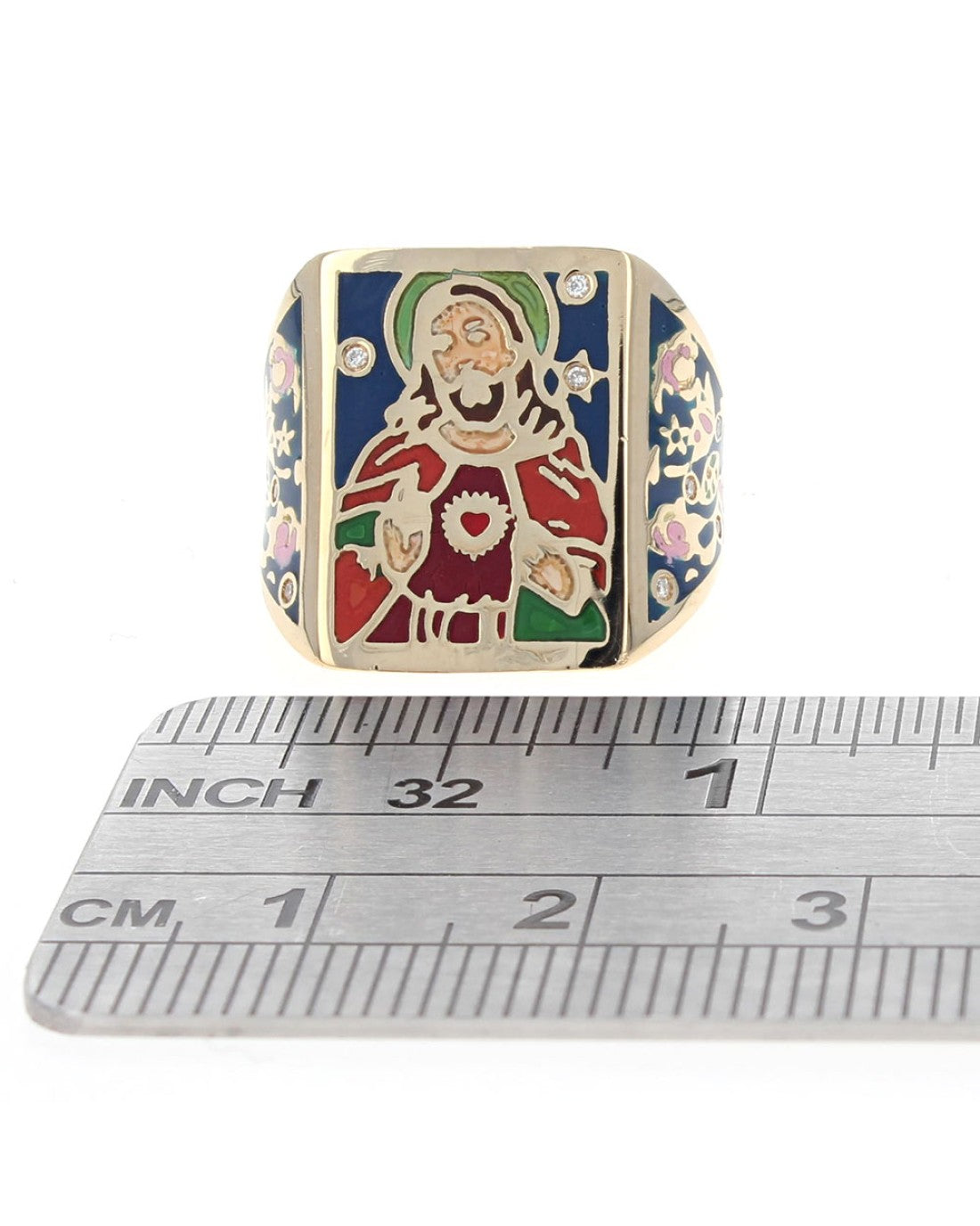Diamond Jesus Christ Enamel Ring in Yellow Gold