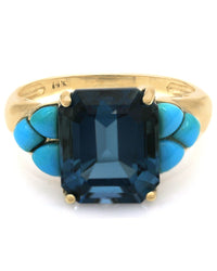 London Blue Topaz and Turquoise Accent Ring in Yellow Gold