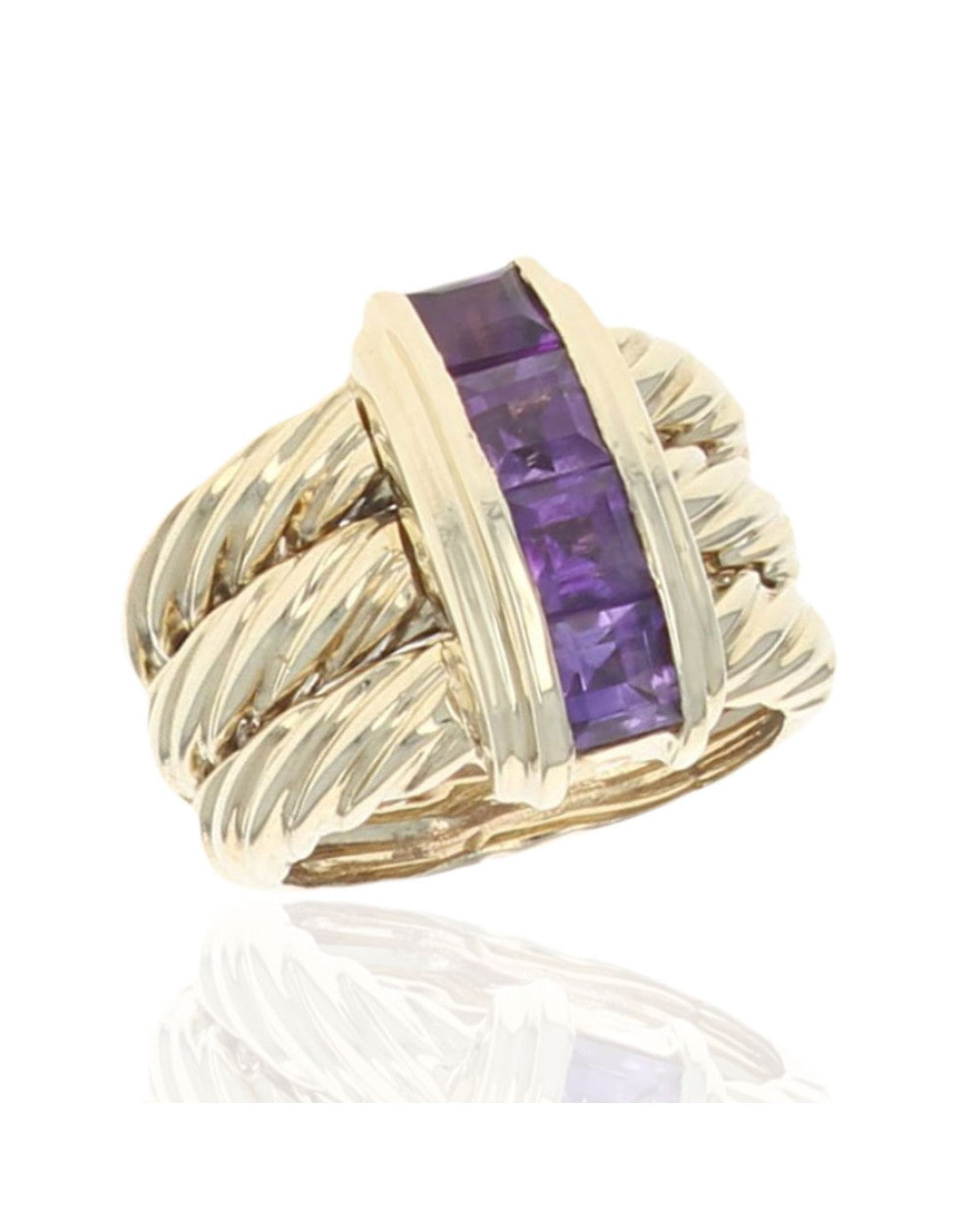 Amethyst 3 Row Rope Twist Ring in Yellow Gold